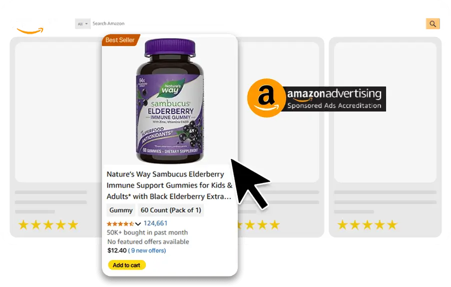 Amazon advertising management visual showing sponsored product placement and Amazon PPC campaign performance