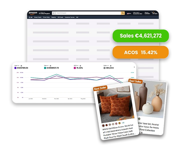 Amazon advertising management visual showing increased sales, improved conversion performance, and optimized Amazon PPC campaign results.