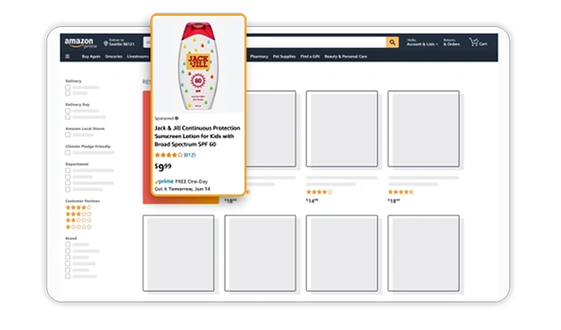 Amazon advertising management visual showing Sponsored Products ads with keyword targeting and product placement in Amazon search results.