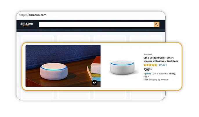 Amazon advertising management visual showing Sponsored Video ads that increase click-through rates and drive conversions in Amazon search results.